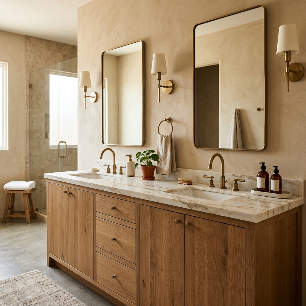 Luxurious bathroom vanity with custom wood cabinetry
