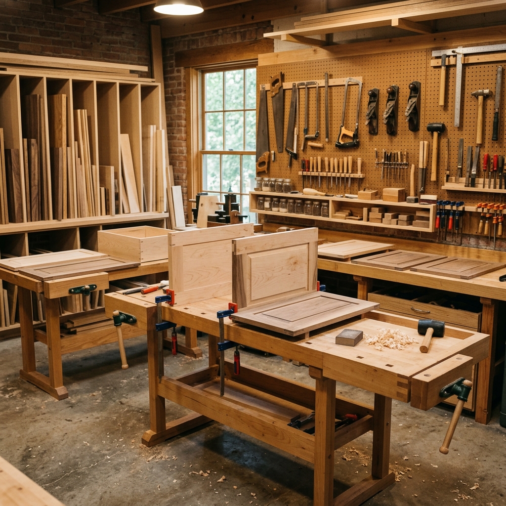 Cabinet maker workshop with doors in progress
